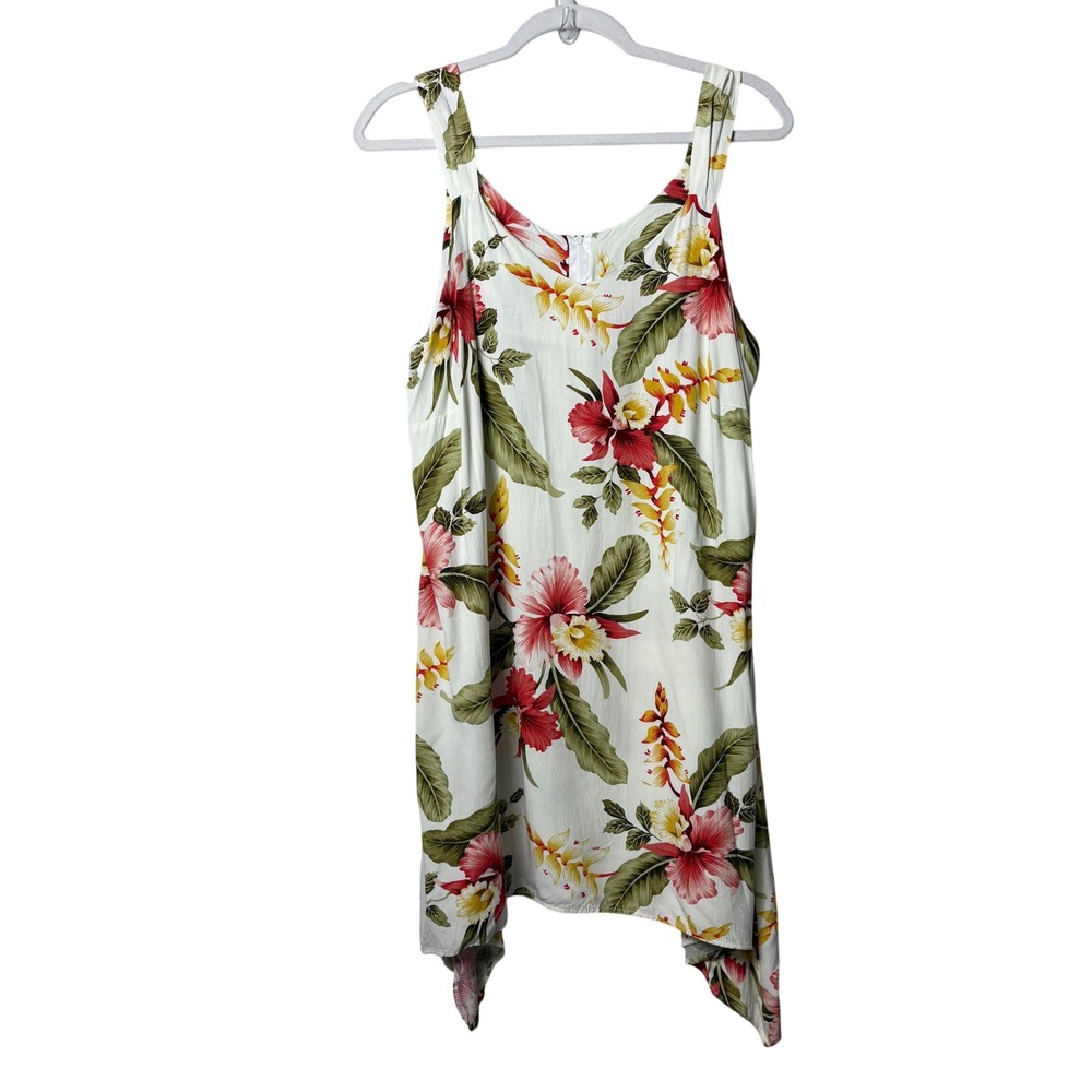 Two Palms Hawaii Mini Dress Size L Ivory Floral Tropical Rayon Handkerchief Hem